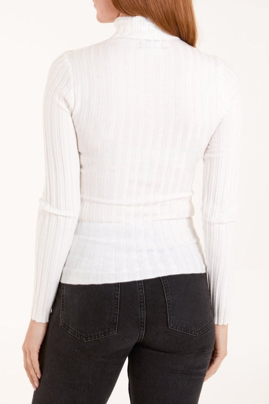 Slim fit cream ribbed roll neck top