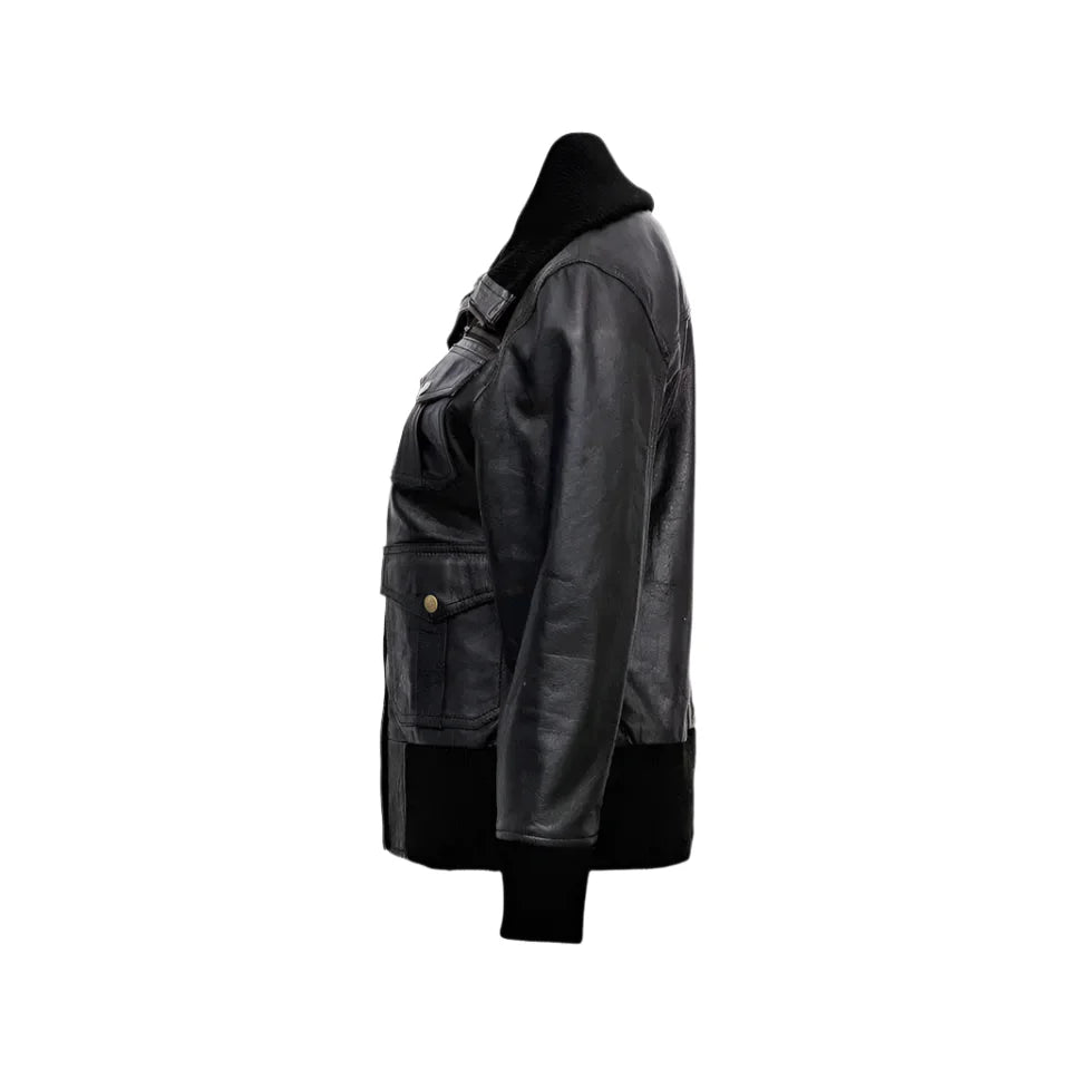 Women’s black leather bomber jacket with ribbed cuffs