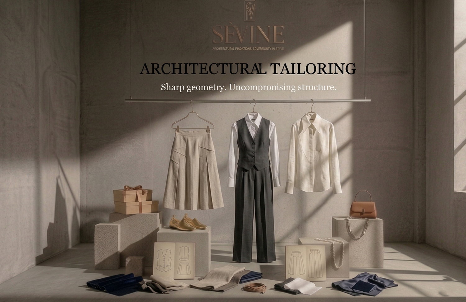 SÈVINE architectural tailoring collection with linen vest, tailored trousers, structured shirts and elegant skirts