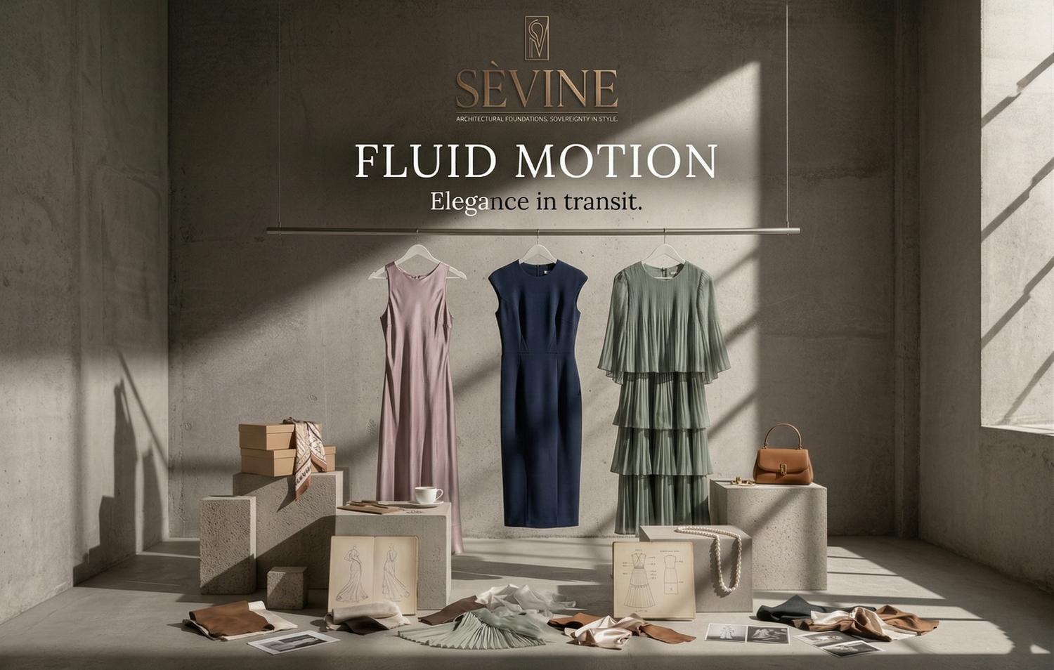 SÈVINE Fluid Motion collection with elegant dresses in flowing silhouettes for modern women’s fashion