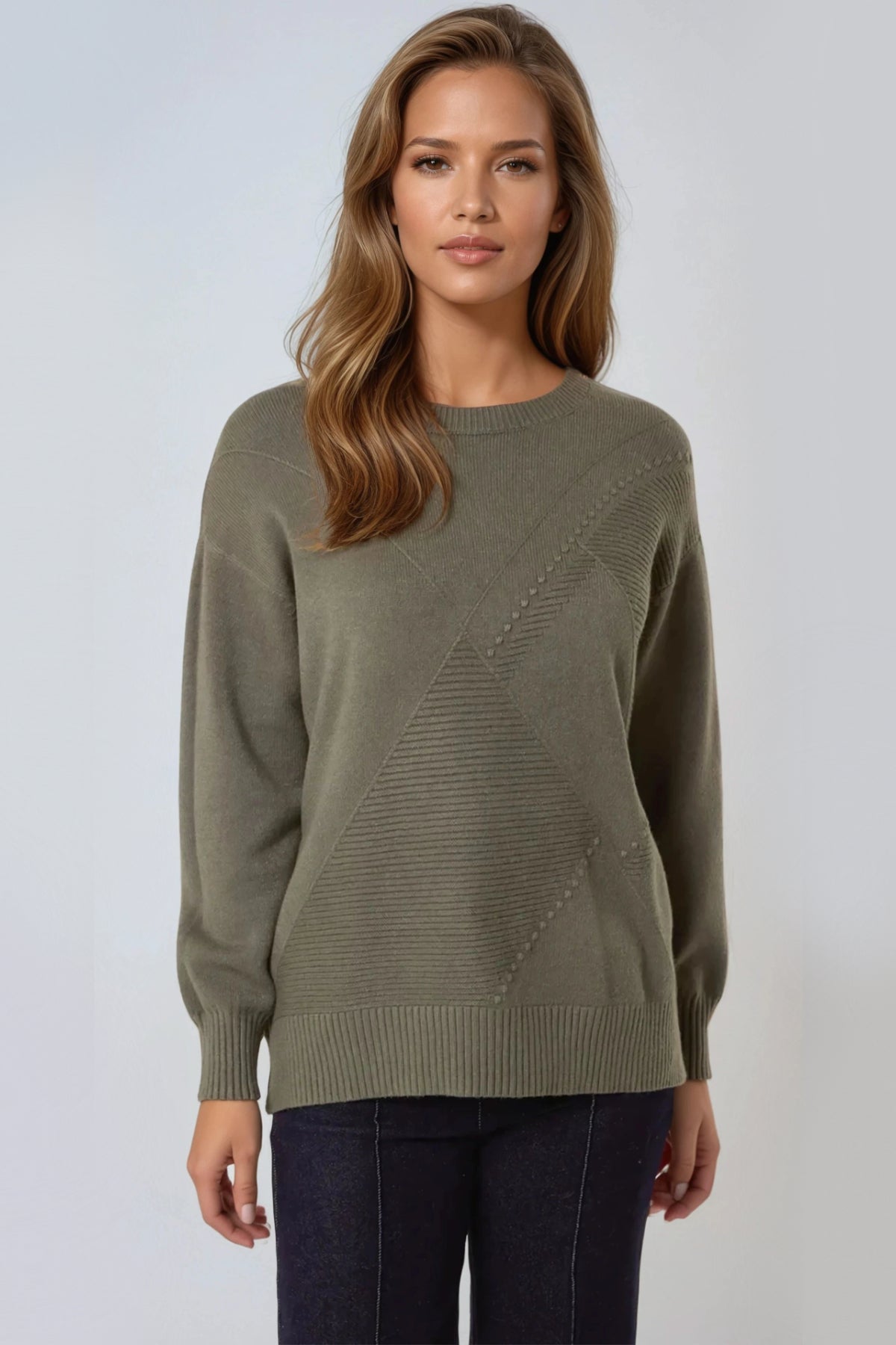 Lyra geometric knit jumper in moss khaki by SÈVINE