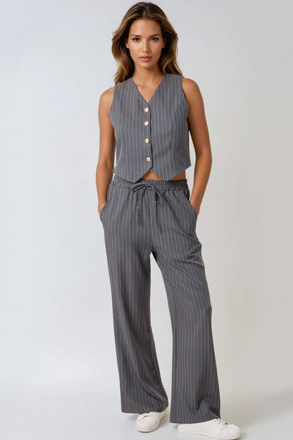 Charcoal Pinstripe Wide Leg Trousers-2