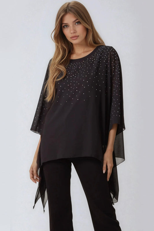 Aurora embellished mesh top in black with rhinestone detail by SÈVINE