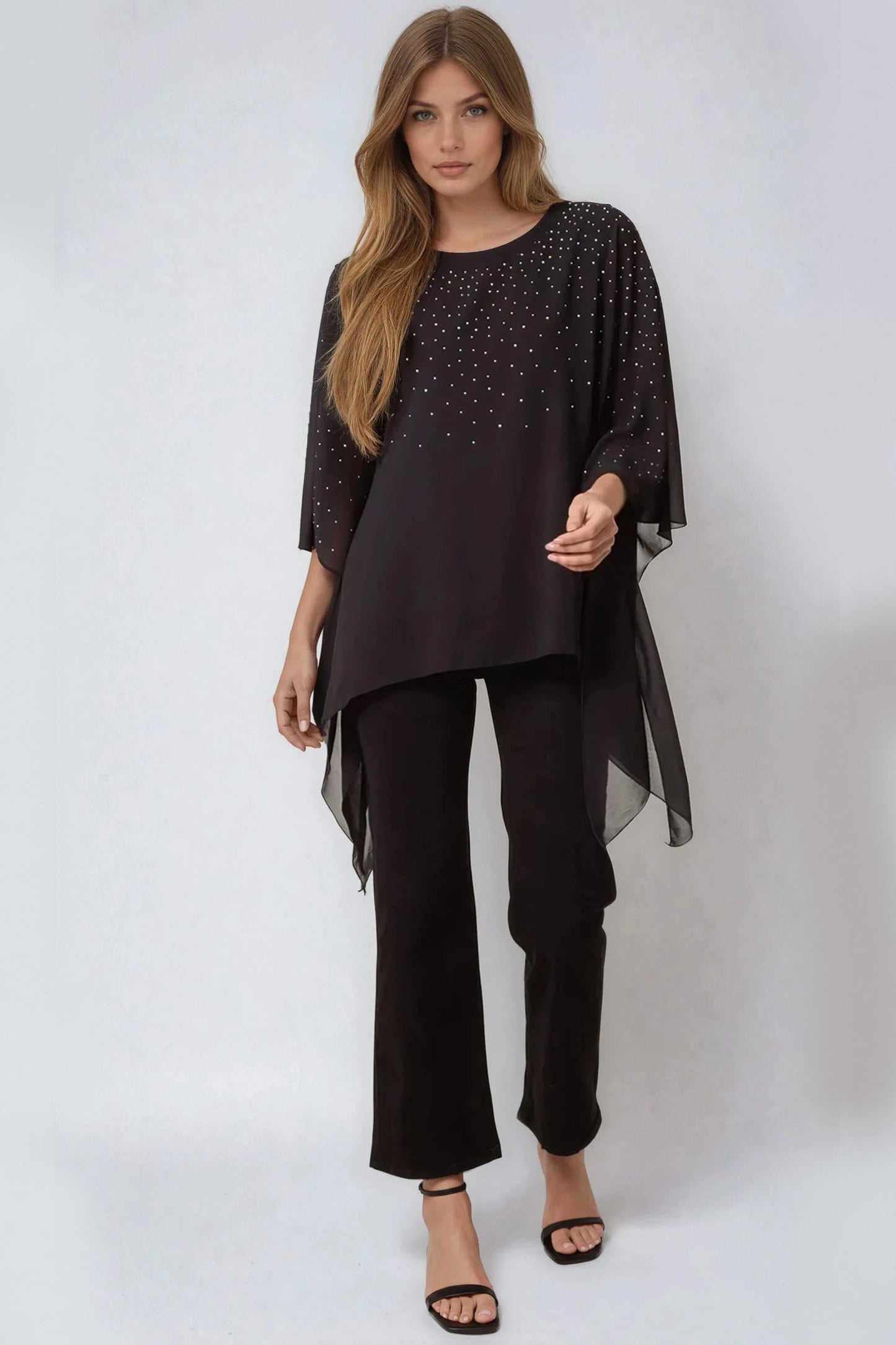Relaxed fit black embellished mesh top with flowing hem