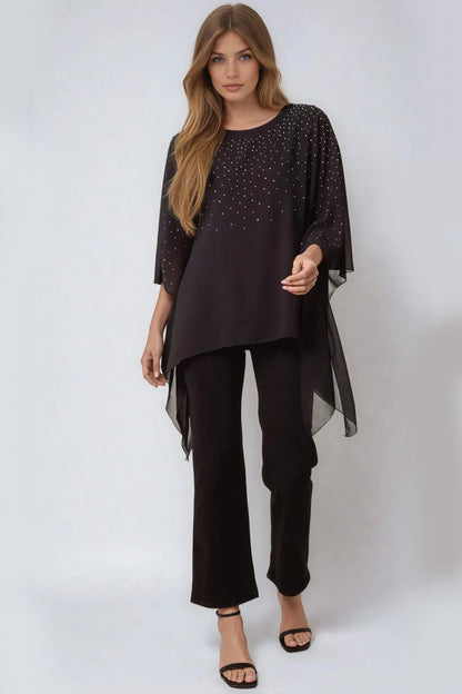 Relaxed fit black embellished mesh top with flowing hem