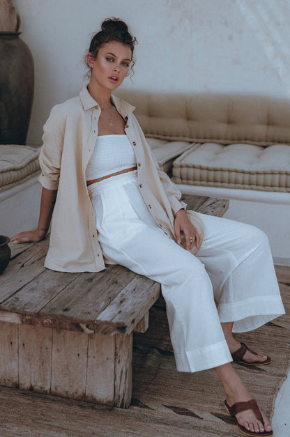 Relaxed fit wide leg linen trousers with elastic waist