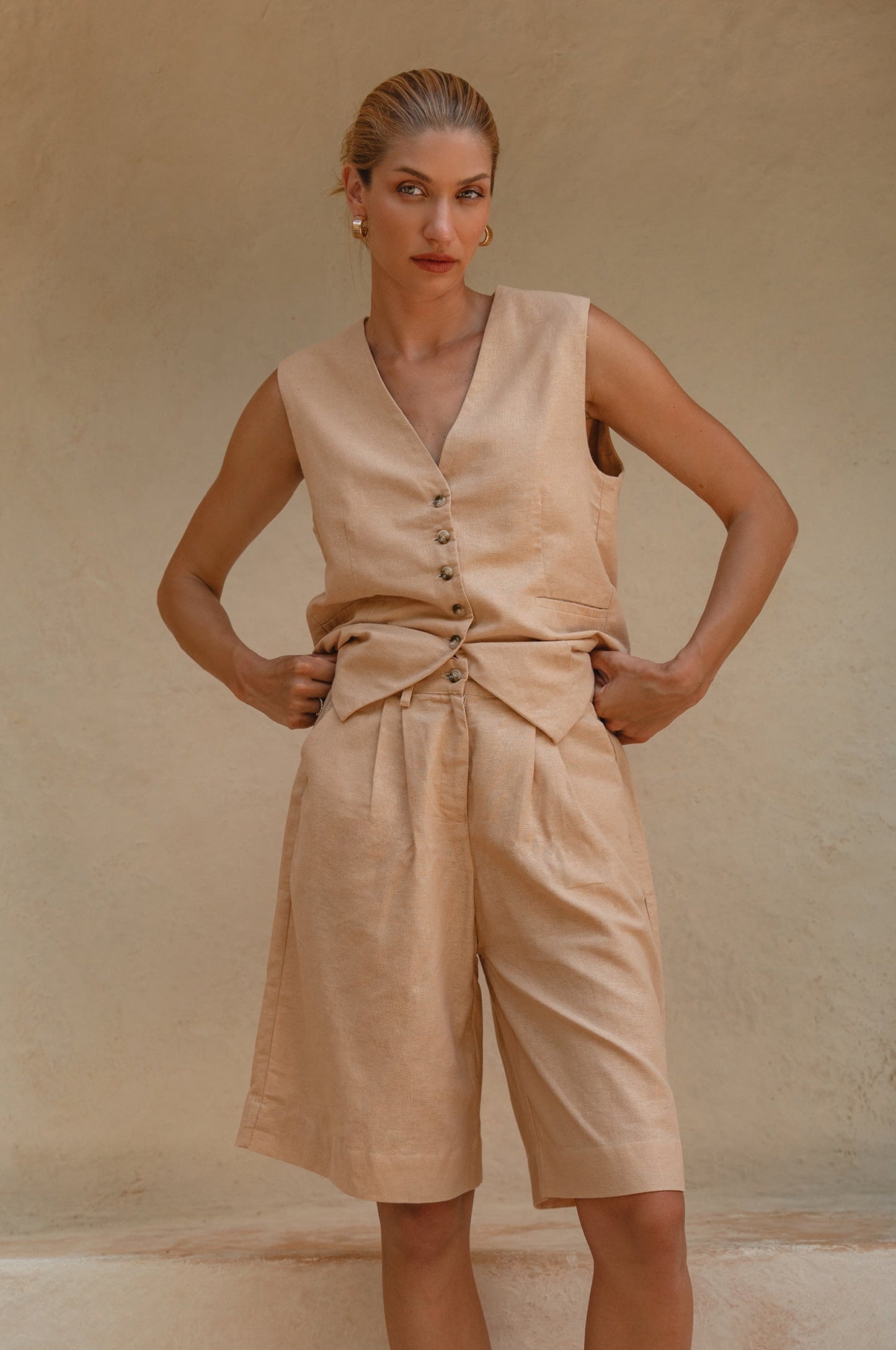 Faro bermuda linen shorts in crisp alabaster by SÈVINE