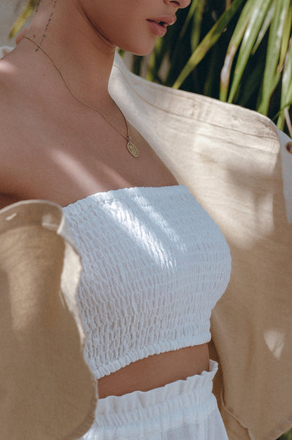 Smocked linen texture on Fenzi bandeau top
