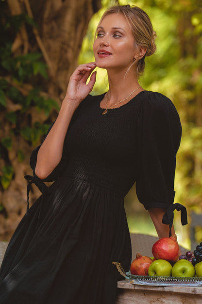 Tie sleeve linen midi dress with elasticated bodice