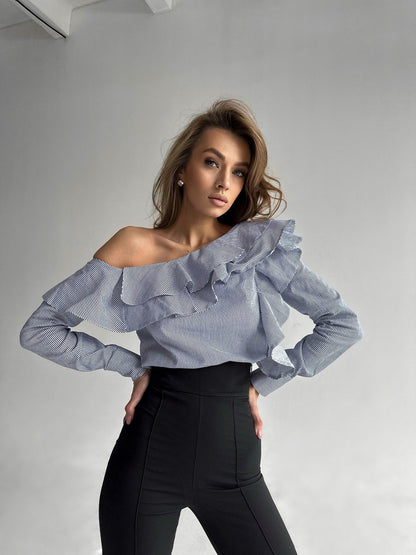 Ruffle detail on Symphony striped asymmetric blouse