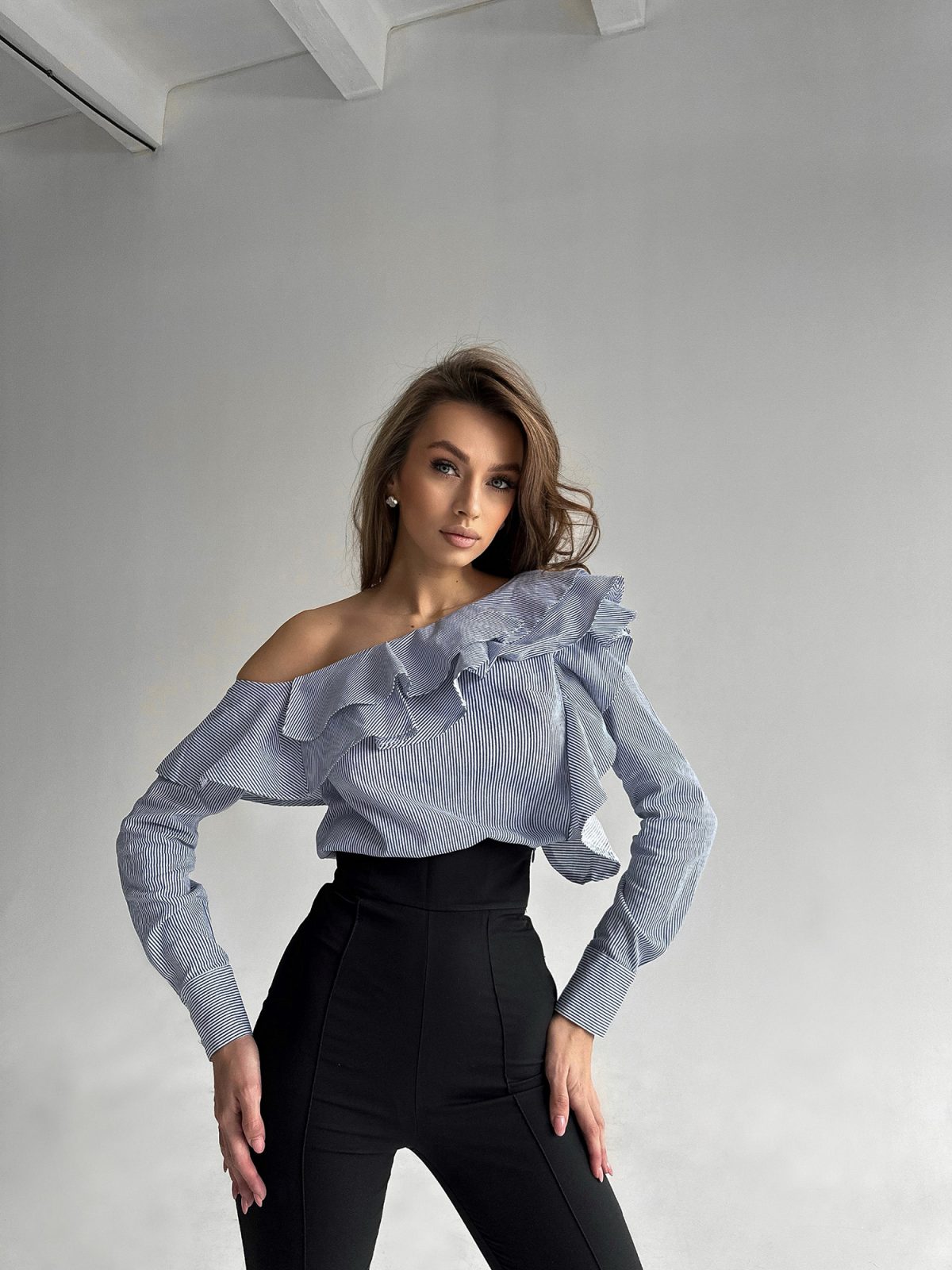 Light blue ruffle neckline asymmetric cotton blouse