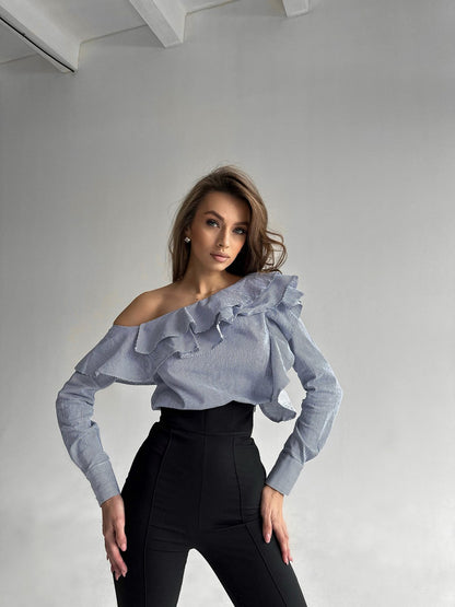 Light blue ruffle neckline asymmetric cotton blouse