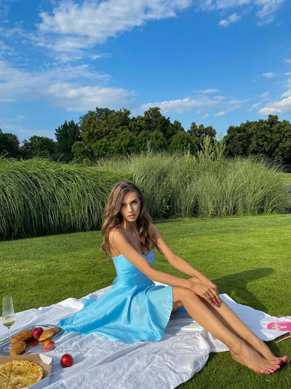 Chic Shoulder Bliss Short Dress with Circle Skirt and Corset Detail-7