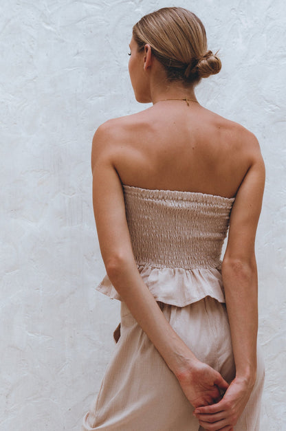 Side view of natural salt linen bandeau sculpted silhouette