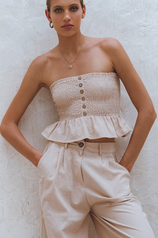 Laura shirred linen bandeau in natural salt by Sevine