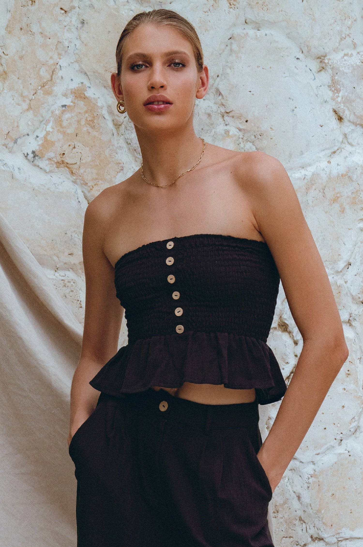 Laura shirred linen bandeau in midnight indigo by Sevine