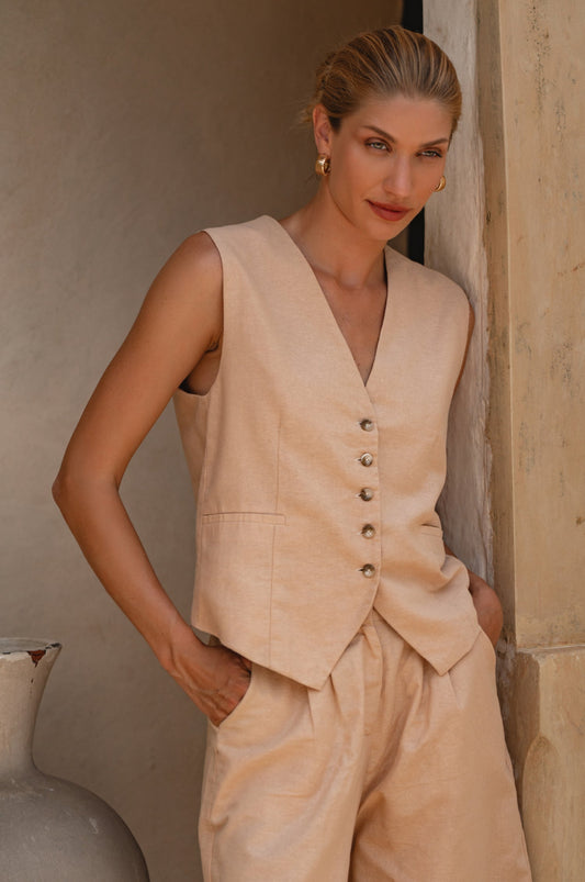 Paige linen vest in crinkle sand by Sevine