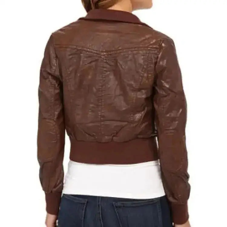 Women’s brown leather bomber jacket with ribbed cuffs