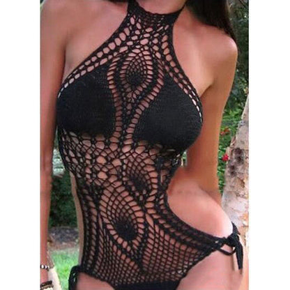 crochet halter cover-up with open-weave geometric pattern and side cut-out detail