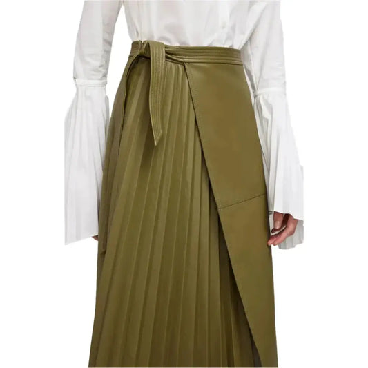 Gaia wrap leather midi skirt in deep moss by SÈVINE