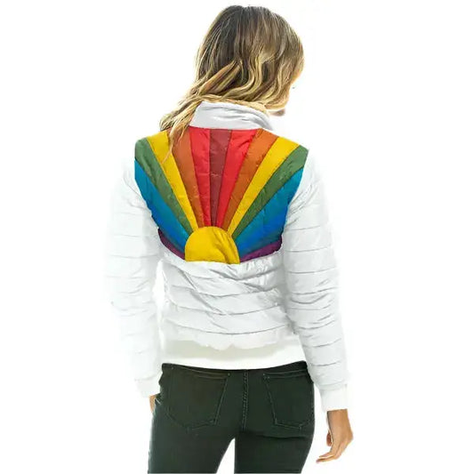Solaris prism bomber jacket in optical white with rainbow sunburst by SÈVINE